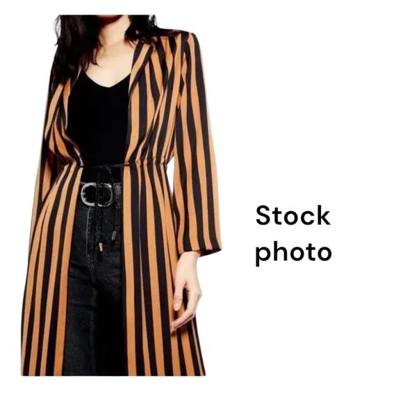 TOPSHOP Camel Stripe Lined Duster Jacket W/Waist Tie Ladies Size 8 - Picture 1 of 10